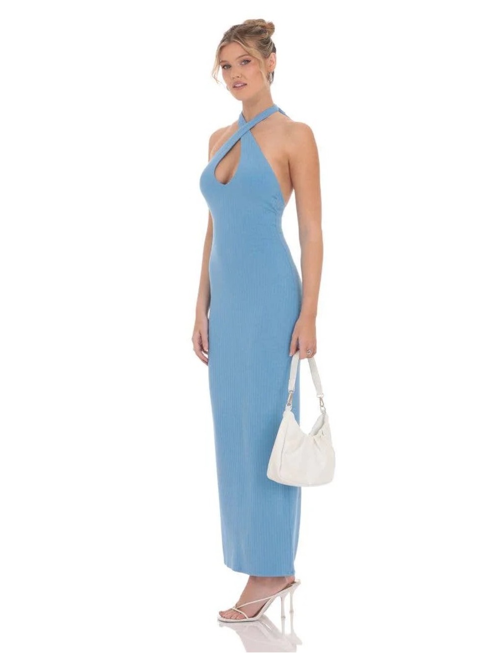 Lucy in the Sky Light Blue Ribbed Cross-Neck Maxi Dress